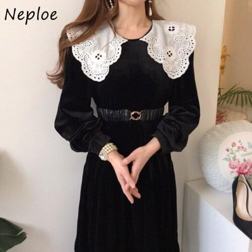 Contrast Color Stitching High Waist Robe Korean Autumn Embroidery Doll Collar Dress Long Sleeve Velvet Vestido with Belt