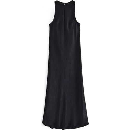 Summer Casual Sleeveless Black Dresses Women O Neck Elegant Midi Dress Back Hollow Out Chic Sundress Robe Femme