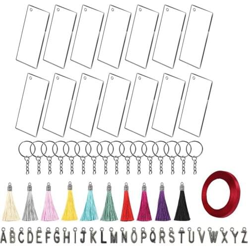 30PCS Rectangle Clear Discs, Colorful Tassels Metal Alphabet Decoration Keyrings, Acrylic Blank Set for DIY Crafts