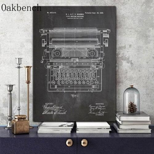 Abstract Canvas Painting Office Typewriter Patent Vintage Print Working Typewriter Art Poster Print Office Blueprint Wall Decor
