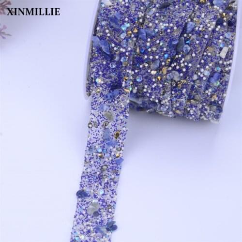 Free ship,blue rhinestone Trim Mesh strass chain cyrstal Banding bridal applique for wedding dress decoration,1yard/lot