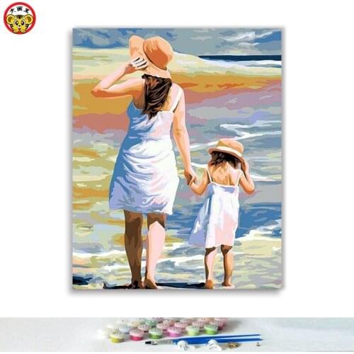 Diy oil painting by numbers art paint by number Mother and child by the sea seascape illustration bedroom decoration painting