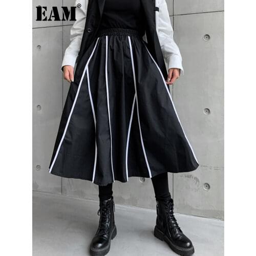 [EAM] High Elastic Waist Black Liem Spliced Casual Long Half-body Skirt Women Fashion Tide New Spring Autumn 2021 1DE1829
