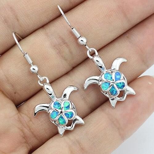 Turtle Shaped Blue Fire Opal Silver Plated Earrings for Women