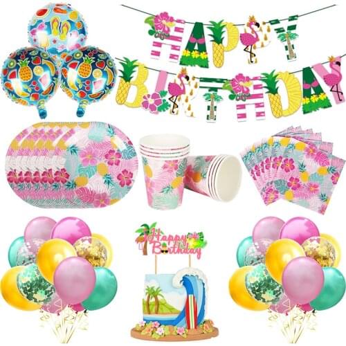 Hawaiian Birthday Decorations Summer Aloha Party Set Disposable Tableware Paper Cup Plate Napkins Set Luau Tropical Party Favors