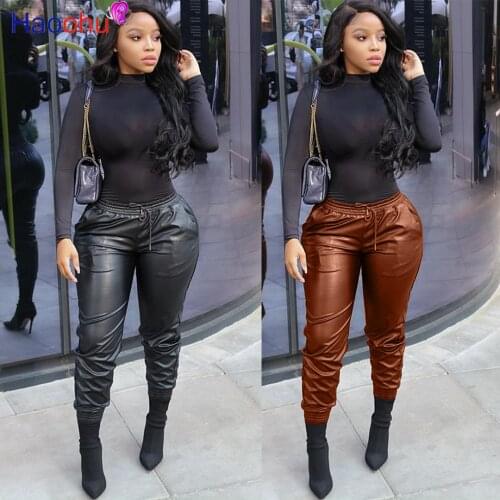 HAOOHU Women Joggers Trousers New Autumn Winter mid Waist Drawstring PU Leather Pants Sweatpants with Slant Pocket Lady Bottoms