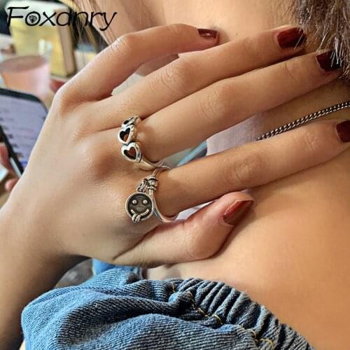 Foxanry 925 Sterling Silver Couples Rings for Women New Fashion Creative Hollow LOVE Heart Vintage Hiphop Party Jewelry Gifts