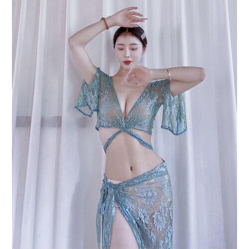 Summer new belly dance clothes sexy green lace fairy exercise clothes show performance printing breathable belly dance set suit
