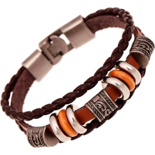 Mens Leather Bracelet Bangles For Men Cowhide Braided Alloy Beads Multi Layer Wrap Charm Cuff Bracelets man pulseras para hombre
