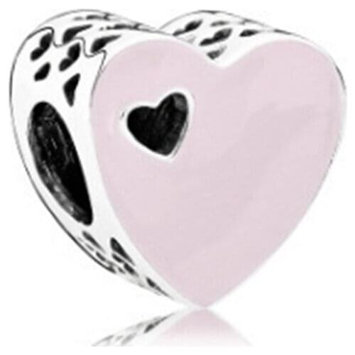 New 925 Sterling Silver Bead Charm Pink Enamel Sweet Love Heart Beads Fit Pan Bracelet Bangle Diy Jewelry