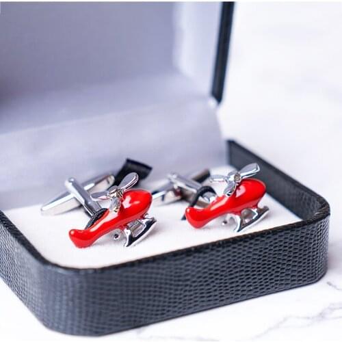 Retail Helicopter Cufflinks Novelty Red Color Enamel Airplane Cuff Button Mens Jewelry For Wedding Business Christmas Gift