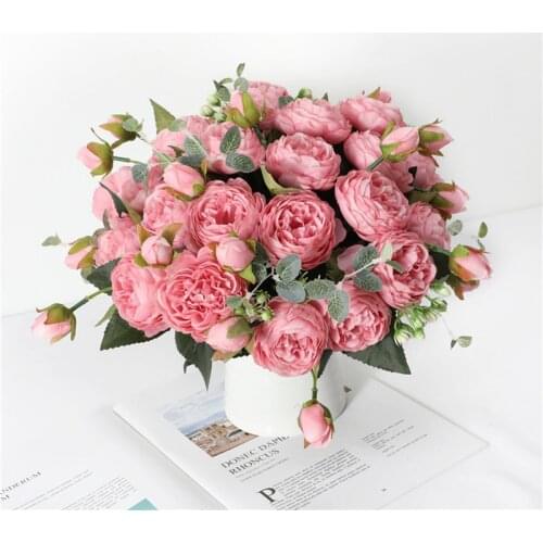 Rose Pink Silk Peony Artificial Flower Bouquet 5 Large Flowers For Family Wedding Decoration Indoor Table Decoration Ornaments