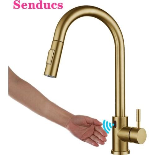 Sensor Kitchen Faucets Modern Brushed Gold Pull Out Kitchen Mixer Tap Hot Cold Kitchen Faucet Touchless Sensor Kitchen Faucets