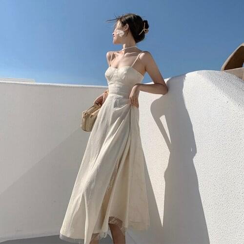 Super Fairy Beach Resort Lace Dress Female Breast Vintage Sexy Backless Halter Dress Bohemian Floral Sleeveless V-neck Dress