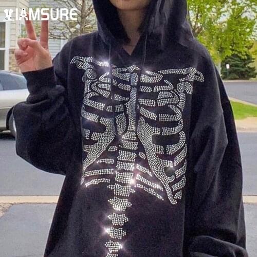 IAMSURE Dark Pattern Oversize Hoodies Loose Casual Black Lantern Sleeve Hooded Pullovers Streetwear Sweatshirt Top Women 2021
