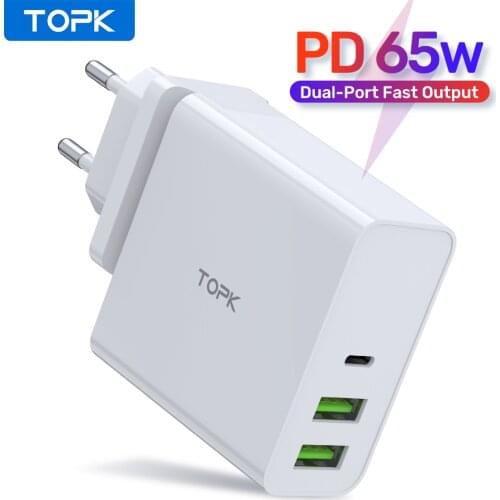 TOPK 65W PD USB Fast Charger Adapter UK EU Quick Charge 3.0 Type C USB Charger QC 3.0 for Laptop Tablet Mobile Phones