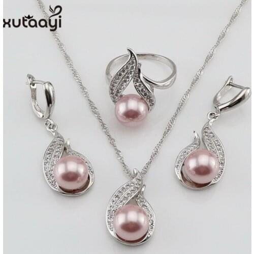XUTAAYI Natural Pearls Silver colorcolor Bridal Jewelry Sets Women White Zircon Earrings With Stones Pendant&Necklace/Rings Set