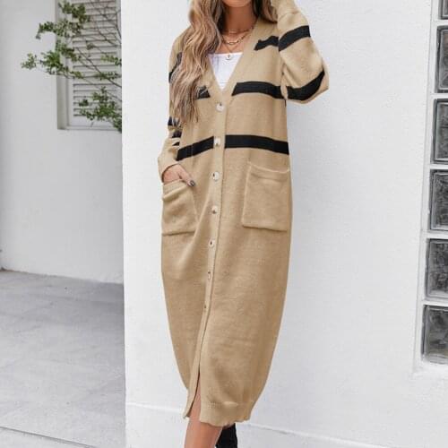 Long Cardigan Women Sweaters Autumn Winter 2021 New Stripe Long Sleeve V-neck Casual Loose Knitted Single-breasted Sweater