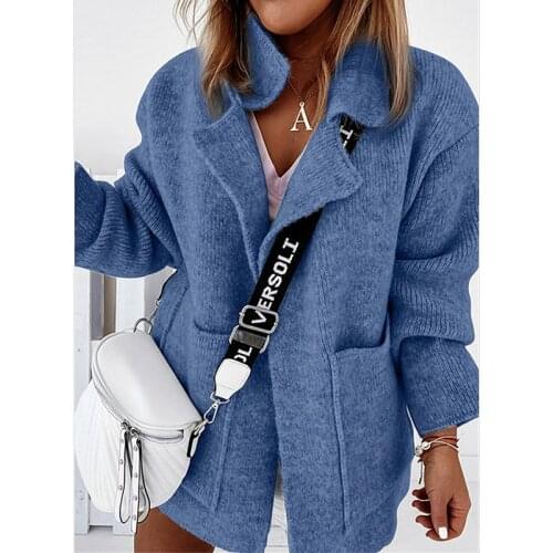 Women Elegant Knitted Sweater Cardigan Coat Autumn Winter Turn-down Collar Jackets Tops Vintage Warm Pocket Long Sleeve Coat Top