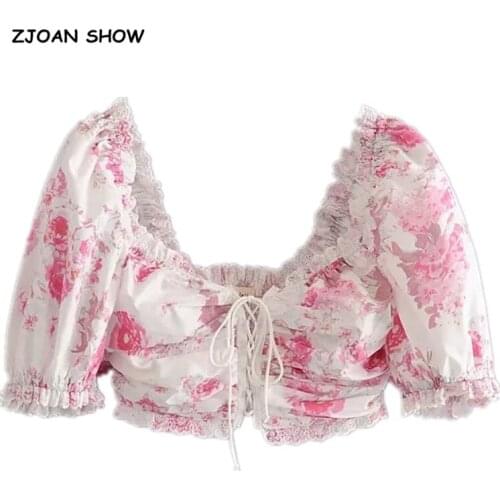 2020 Cross Lacing up Floral Print Crop Top Women Wood Ears Ruffle Tank Tops Summer Sweet Girls Streetwear Puff Cuff Tees