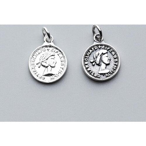 925 Sterling Silver Vintage Queen Image Coin Charms Women Bracelets Necklace S925 Pendant Findings DIY European Jewelry Making