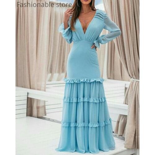 Women Sexy Deep V Neck Open Back Long Sleeve Solid Color Ruffles Design Chiffon Dress