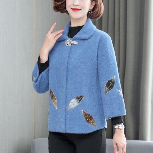 Women Winter Cashmere Woolen Coat New Knitted Cardigan Faux Mink Fur Sweater Middle-aged Mother Thicked Outerwear Jacket W2181