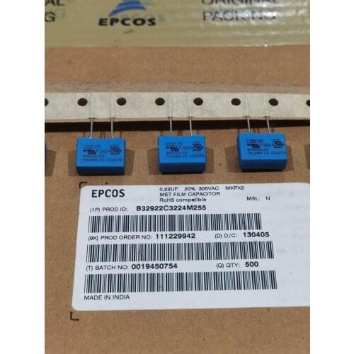 B32922C3224M EPCOS B32922 X2 MKP/SH Cap Film Suppression X2 0.22uF 630VDC/305VAC PP 20% 18X7X12.5mm U22M305V best qualtiy