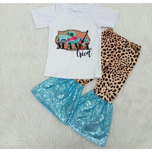 Boutique kids clothing hot sell girl shirt with truck printed leopard bell pants with sequin outfit
