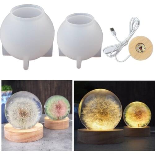 Crystal Ball LED Night Lights Epoxy Resin Mold Home Decoration Silicone Mold Wooden LED Lighted Base Dandelion Dried Flower