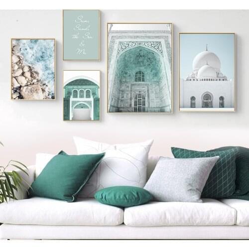 Green Morocco Palace Mosque Islamic Canvas Painting Architecture Wall Art Travel Landscape Poster and Print Picture Home Decor