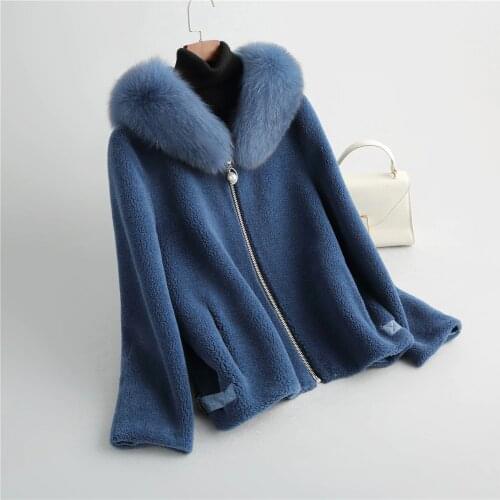Fashion Korean Simple 100% Real Wool Female Jacket Autumn Winter Fox Fur Collar Hooded Womens Coats Ropa De Mujer Zjt1938