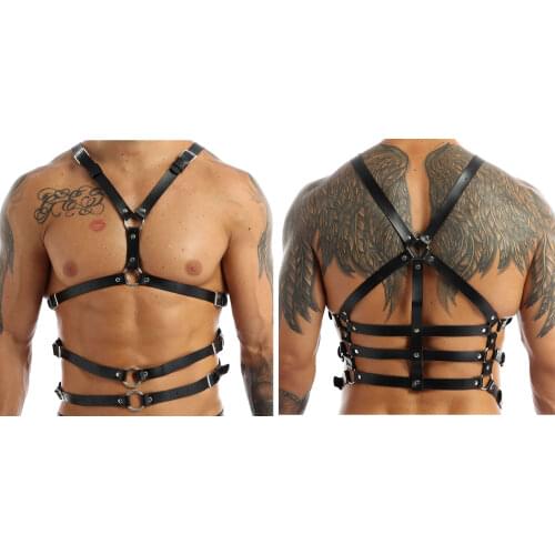 Black Punk Men MALE Adjustable Buckle PU Leather Body Shoulder Chest Harness Exotic Tanks Gothic with O-Ring Fashion Moto Belt