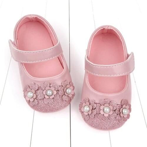 Newborn No-Slip First Walkers Infant Baby Girls Spring Summer Autumn Flats Pearl Flower Princess Dress Shoes PU Prewalkers