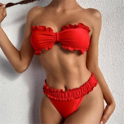 2021 newest Summer Ladies Split Swimwear Set Adults Women Solid Color Lace Decoration Sexy Strapless Backless Bikini Swimsuit