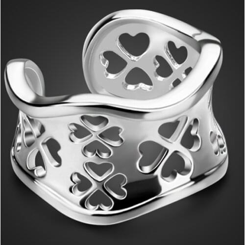 New fashion retro hollow pattern ring. Solid 925 sterling silver 13mm wide face female adjustable size. Clover silver jewelry