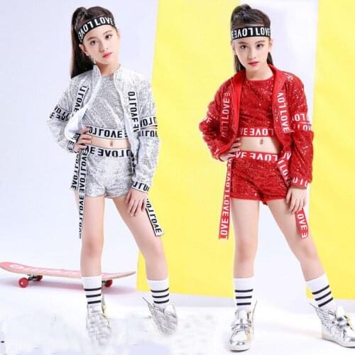 New childrens Modern Jazz Dance Costumes Suit Girls Jazz Sequin alphabet band hip hop Street Dance Clothes Performance Set