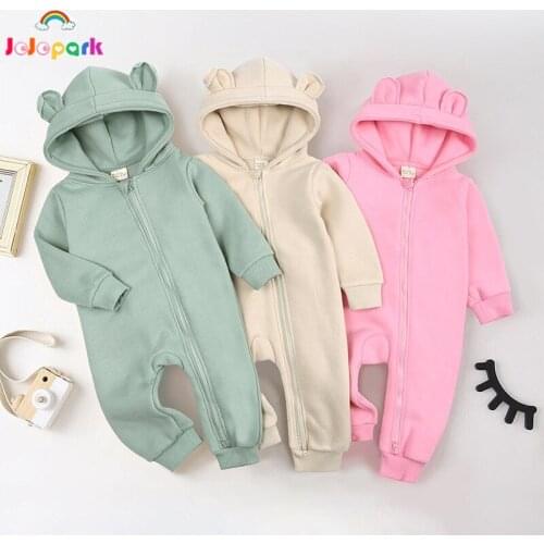 Solid Newborn Baby Hooded Rompers Cute Zipper Boys Girls Jumpsuits Cotton Baby Clothes Newborn Girl Clothes