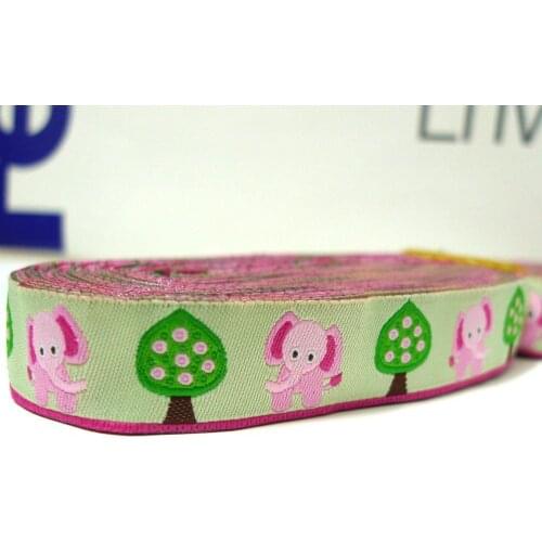5/8'' 16mm Wide Pink Elephants With Trees Lime Tone Dog Collar Woven Jacquard Ribbon Free Shipping