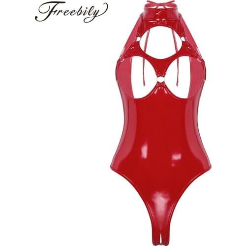 Sexy Patent Leather Cupless Crotchless Teddies Leotard Open Breast Crotch Bodysuit Catsuit Clubwear Fetish Wear Mistress Costume