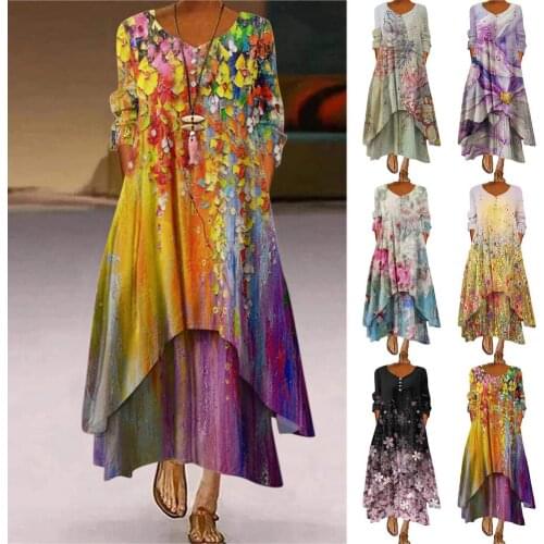Maxi Dress Long Sleeve O-Neck Buttons Irregular Hem Print Floral Boho Dresses for Women Plus Size Party Vestidos Long Dress