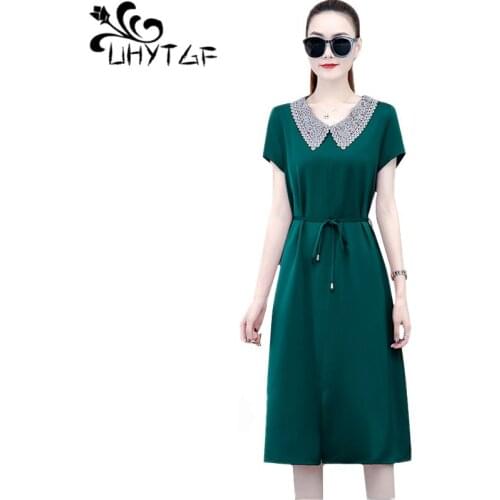 UHYTGF 4XL plus size dress woman solid color pullover casual summer dresses for women Korean loose bandage plus size dress 1694