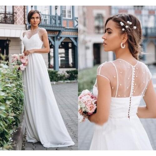 Simple Wedding Dress Newest Short Sleeves Pearls A Line Beach Vestido De Noiva Bride Dress Свадебное Платье O Neck Wedding Gowns