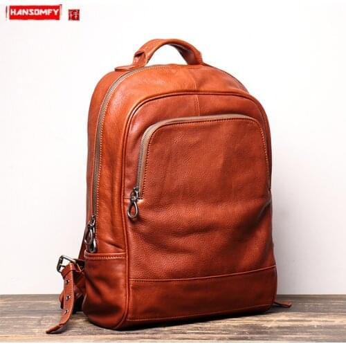 New Genuine Leather Mens Backpack Retro Leather Travel Shoulder Bags 15.6 Inch Laptop Backpacks Computer Large Capacity Male Tc