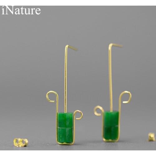 INATURE Vintage Fashion 925 Sterling Silver Green Jadeite Geometry Drop Earrings for Women Jewelry