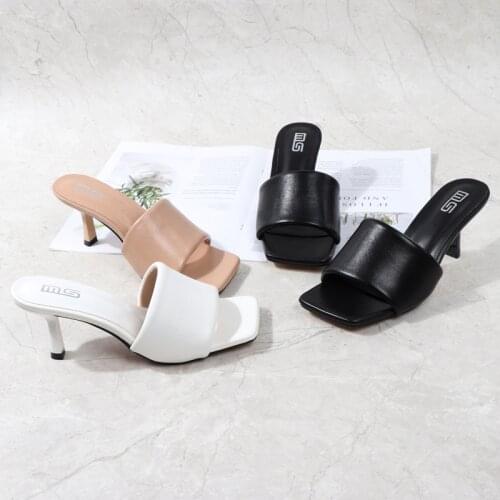 Big Size Thin Heels Slippers Soft Female Shoes Beige Heeled Sandals Slides Comfort 2021 Black High Summer Fabric PU Rubber Conci