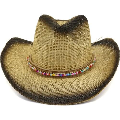 Black Paint Spraying Paper Straw Western Cowboy Hats Summer Women Men Beach Hats Large Brim Sunscreen Cap Lovers Sunshade Hat