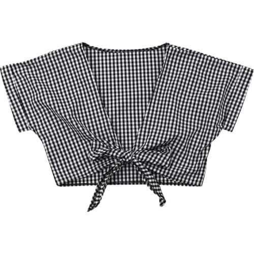 Summer Women Cotton Plaids Tanks Camis Tees Ladies Boho V-Neck Short Sleeve Crop Tops Vest Beach Bandeau Tops