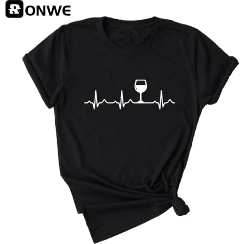 Wine Heartbeat Printed Short Sleeve Black Women T-shirt Girl Vintage Tops Tee Female Harajuku Clothing Streetwear,Drop Ship