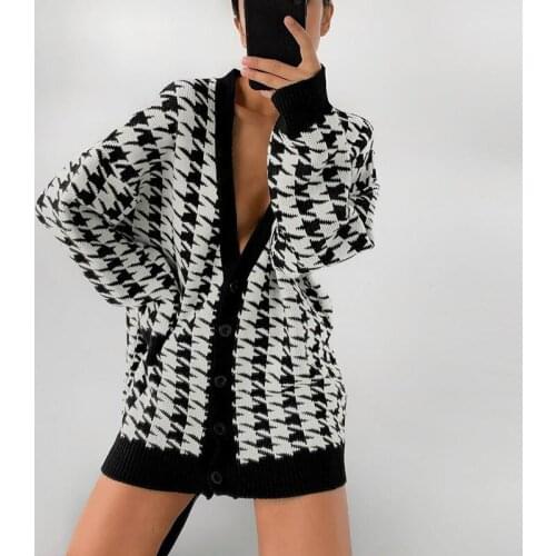 MEIYANGYOUNG Houndstooth Button-down Cardigan Womens Sweater Fashion 2021 Oversized Knitted Cardigans V Neck Jumper Knitwear